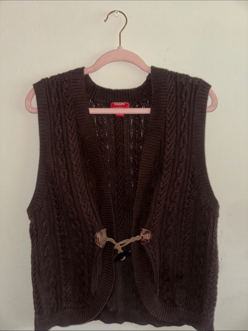Chaps Dark Brown Cable Knit Sleeveless Vest with Toggle Closure